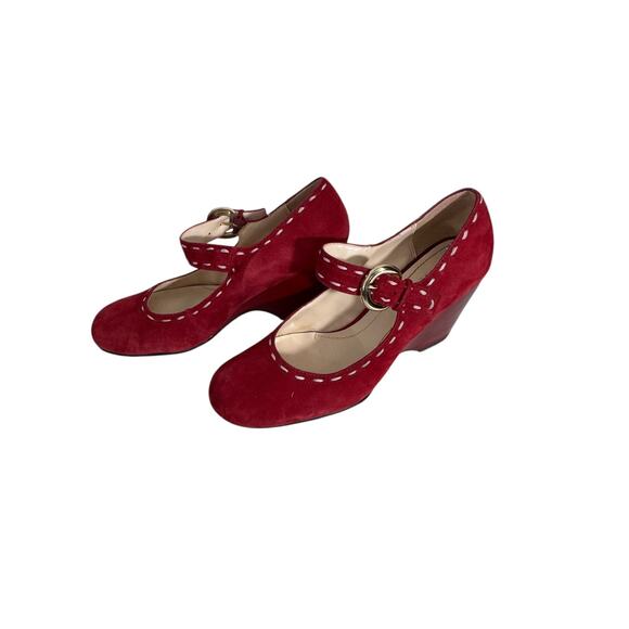 "FRANCO  SARTO" Mary Jane Red Suede Dorothy Oz Wedge Heel Rockabilly Swing - Picture 1 of 16
